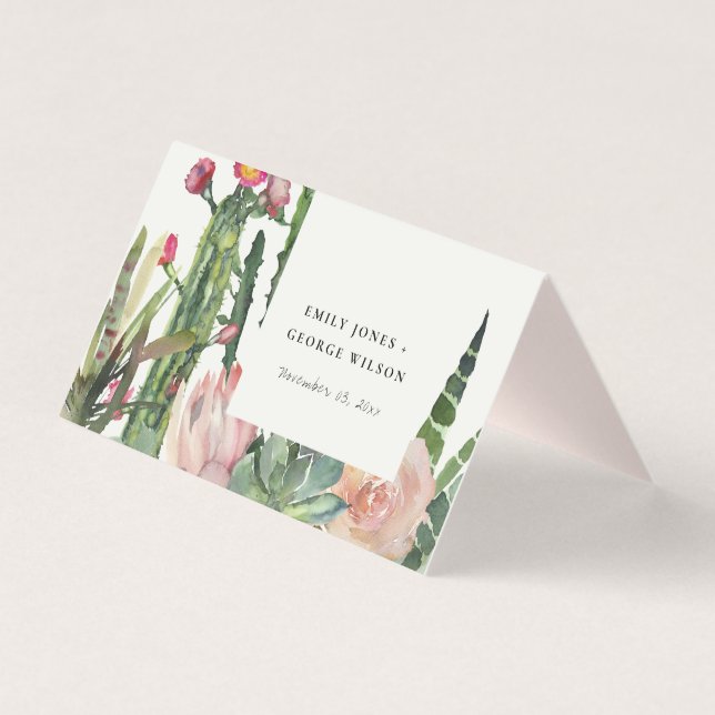 BOHO PINK FLORAL CACTI FOLIAGE WEDD PLATZKARTEN (Rückseite)