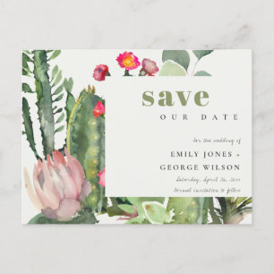 BOHO PINK FLORAL DESERT CACTI FAUNA SAVE THE DATE ANKÜNDIGUNGSPOSTKARTE