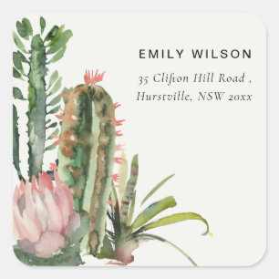 BOHO PINK FLORAL DESERT CACTI FOLIAGE ADRESSE QUADRATISCHER AUFKLEBER