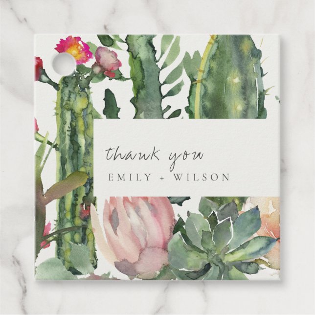 BOHO PINK FLORAL DESERT CACTI FOLIAGE DANKE GESCHENKANHÄNGER (Vorderseite)