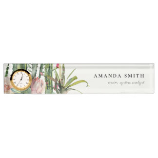BOHO PINK FLORAL DESERT CACTI FOLIAGE WATERCOLOR NAMENSPLAKETTE