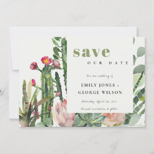 BOHO PINK FLORAL DESERT CACTI FOLIAGE WATERCOLOR SAVE THE DATE