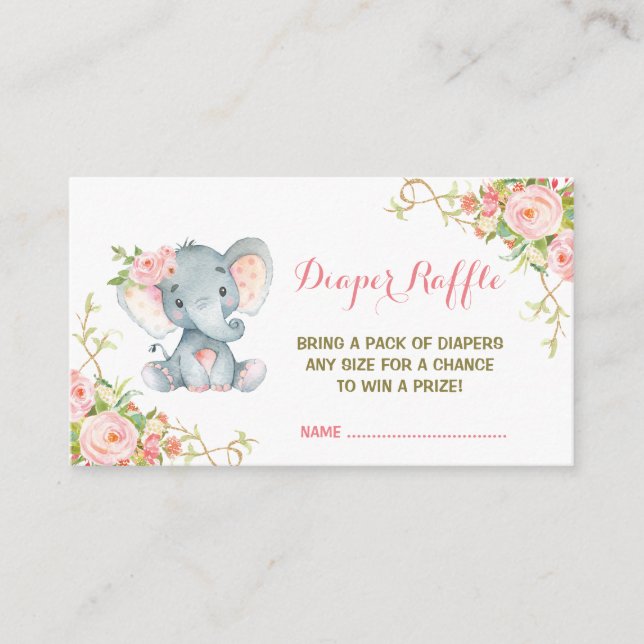 Boho Pink Floral Elephant Diaper Raffle Ticket Begleitkarte (Vorderseite)