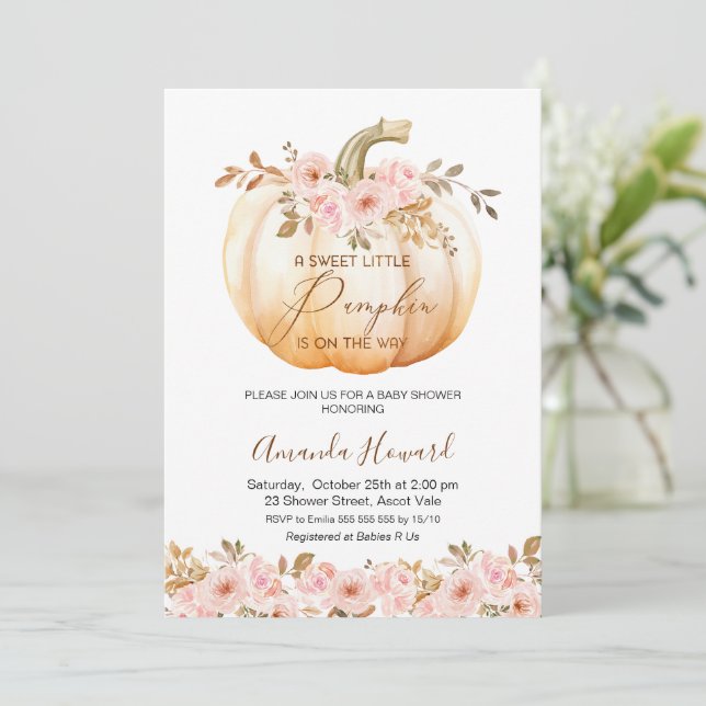 Boho Pink Floral Little Pumpkin Baby Dusche Einladung (Stehend Vorderseite)
