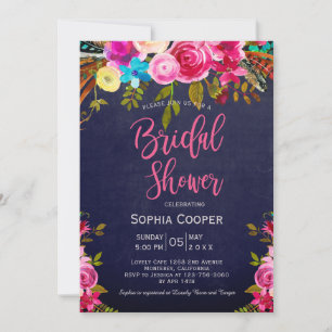 Boho Pink Floral Navy Brautparty Einladung