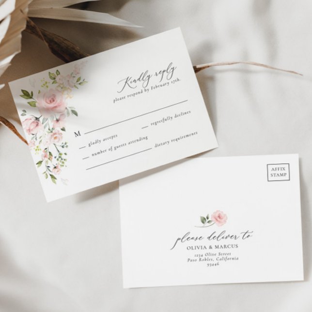 Boho Pink Floral Olive Elegante Wedding RSVP Card Karte (RSVP Card Front/Back)