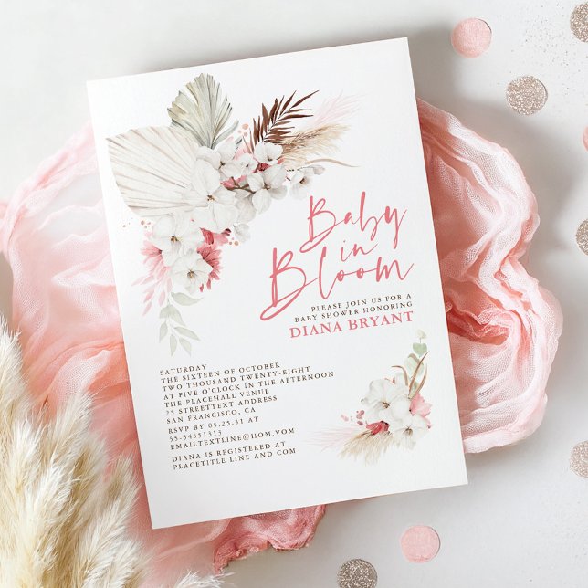 Boho Pink Floral Pampas Grass Baby Dusche Invitati Einladung (Baby in Bloom Pink Baby Shower Invitations Boho)
