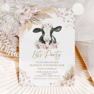 Boho Pink Floral Pampas Grass Cow Geburtstagsparty Einladung