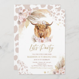 Boho Pink Floral Pampas Grass Highland Cow Party Einladung