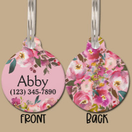 Boho Pink Floral Pet Katze ID Tag Haustiermarke