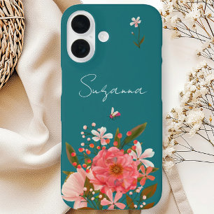 Boho Pink Floral Script personalisieren iPhone 16 Hülle
