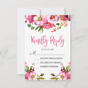 Boho Pink Floral Typografy Wedding RSVP Karte