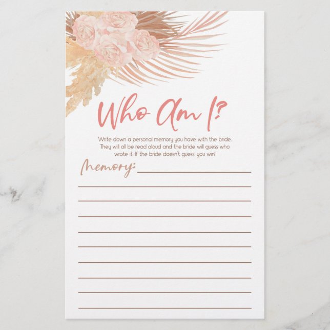 Boho Pink Floral Who Am I Bridal Shower Game Briefpapier (Vorderseite)