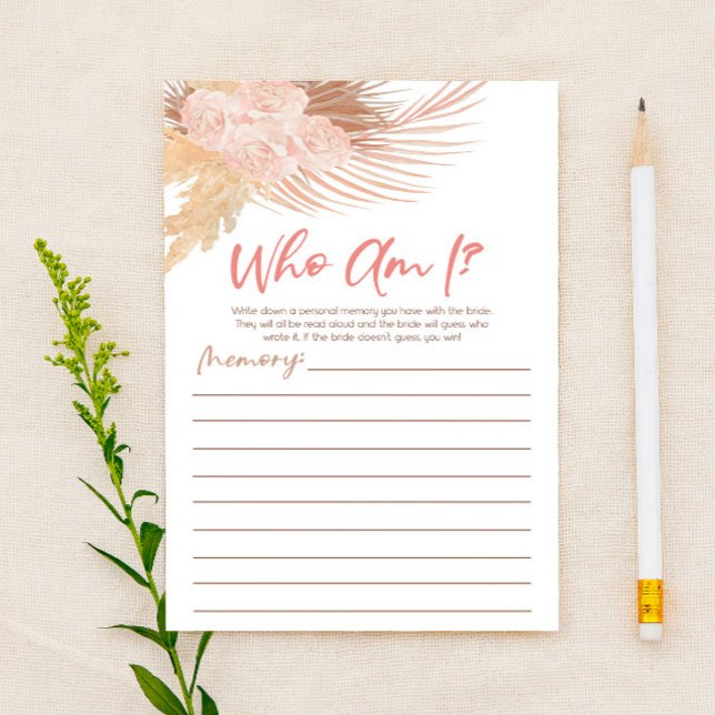 Boho Pink Floral Who Am I Bridal Shower Game Briefpapier (Von Creator hochgeladen)