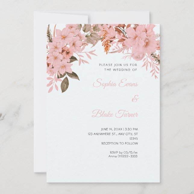 Boho Pink Floral Winter Light Blue Wedding Einladung (Vorderseite)