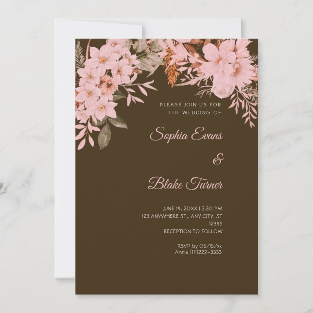 Boho Pink Floral Winter Mocha Brown Wedding Einladung (Vorderseite)