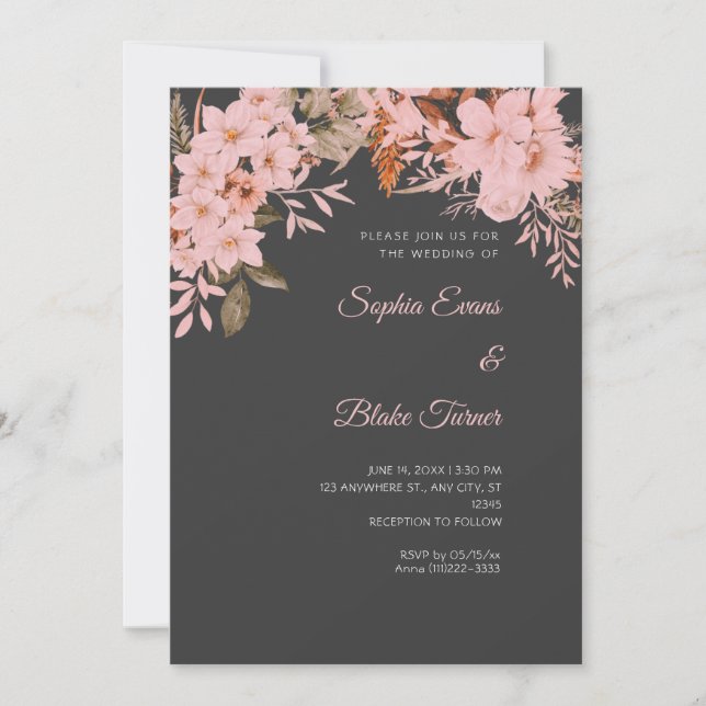 Boho Pink Floral Winter Shadow Gray Wedding Einladung (Vorderseite)