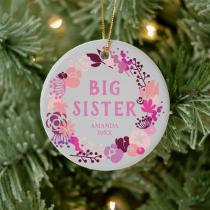Boho Pink Floral Wreath Personalisiert Big Sister Keramik Ornament