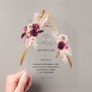 Boho Pink Frame Pampas Grass Floral Wedding Arch Acryleinladungen