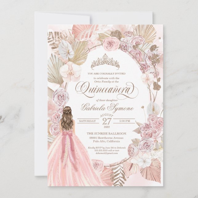 Boho Pink getrocknete Rose der Blüte Quinceanera G Einladung (Vorderseite)