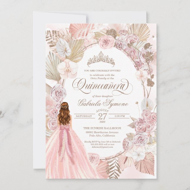 Boho Pink getrocknete Rose der Blüte Quinceanera G Einladung (Vorderseite)