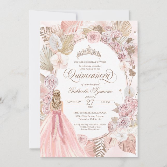 Boho Pink getrocknete Rose der Blüte Quinceanera G Einladung (Vorderseite)