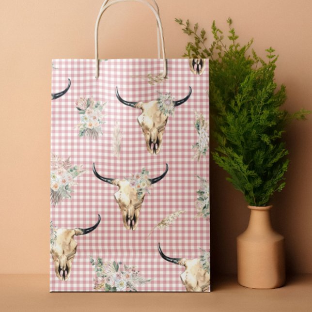 Boho Pink Gingham Cow Skull Floral Große Geschenktüte (Von Creator hochgeladen)