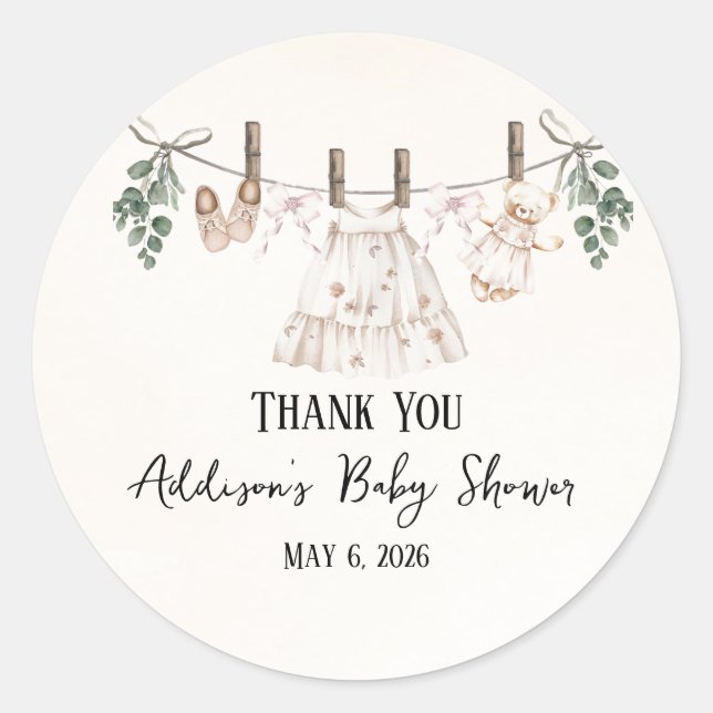 Boho Pink Girl Baby Kleidung Kinderdusche Runder Aufkleber (Vorderseite)