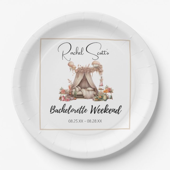 Boho Pink Glamping Junggeselinnen-Abschied Weekend Pappteller (Vorderseite)