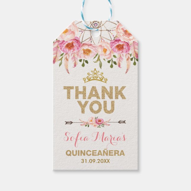 Boho Pink Gold Blume Quinceanera Favoriten Geschenkanhänger (Vorderseite)
