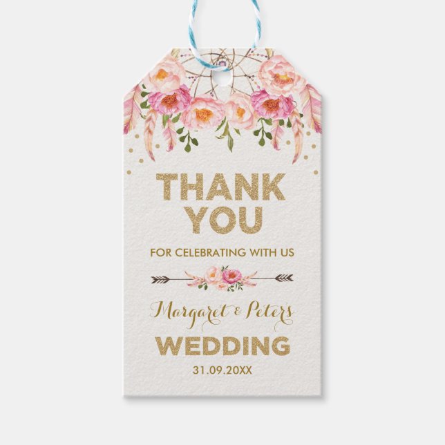 Boho Pink Gold Floral Dreamcatcher-Gastgeschenke H Geschenkanhänger (Vorderseite)