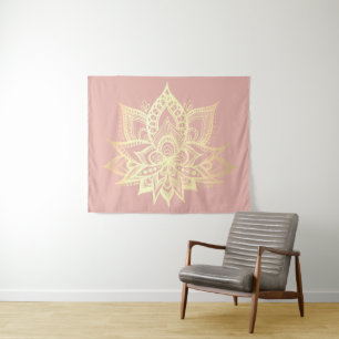 Boho Pink Gold Lotus Blume Mandala Wandteppich