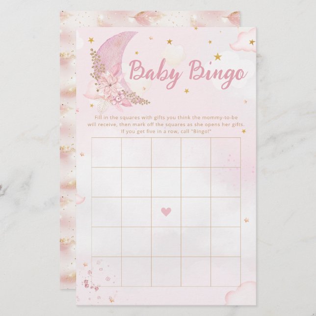 Boho Pink & Gold Moon Baby Dusche Bingo Spiel (Vorne/Hinten)