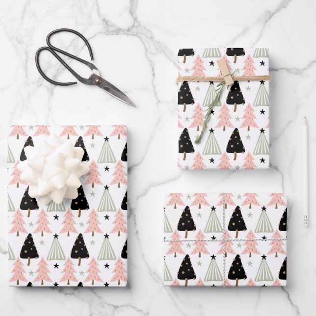 Boho Pink Green Black Christmas Tree Holiday Geschenkpapier Set (Vorderseite)
