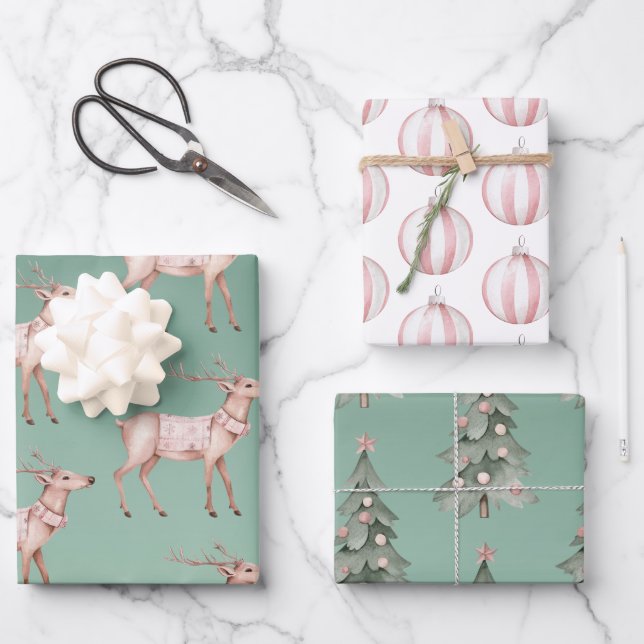 Boho Pink Green Christmas Deer Trees Geschenkpapier Set (Vorderseite)