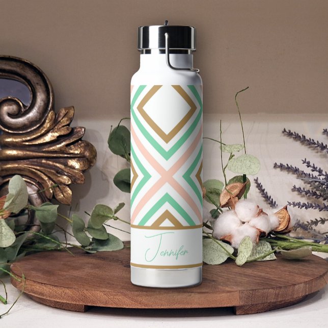 Boho Pink Green Gold Geometrie Wasserflasche Trinkflasche (Von Creator hochgeladen)