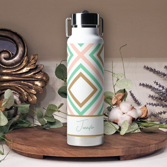 Boho Pink Green Gold Geometrie Wasserflasche Trinkflasche (Von Creator hochgeladen)