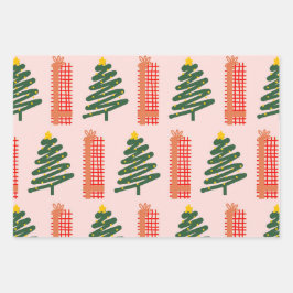 Boho Pink Green Red Christmas Trees Urlaub Geschenkpapier Set