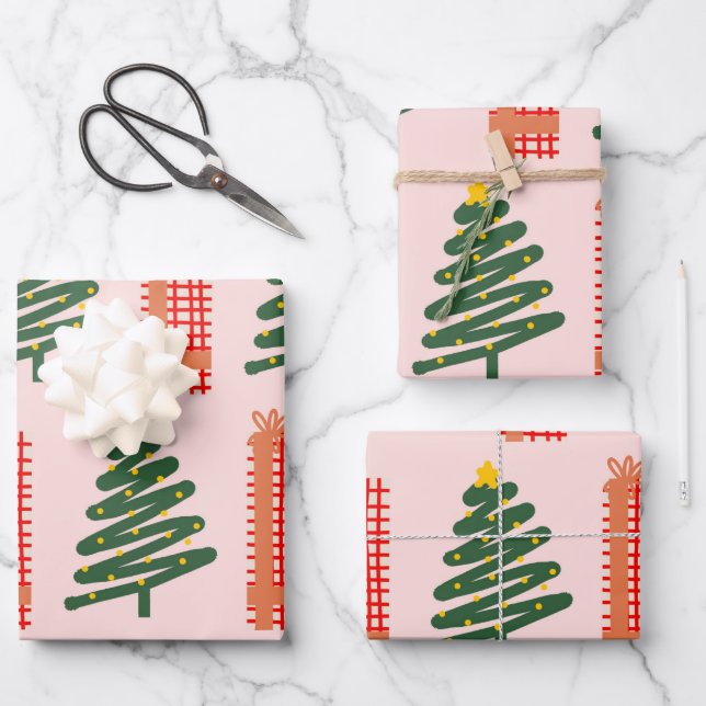 Boho Pink Green Red Christmas Trees Urlaub Geschenkpapier Set (Vorderseite)