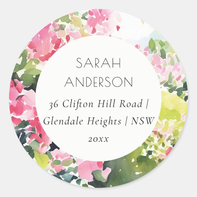 Boho Pink Green Tropical Bougainvillea Ansprache Runder Aufkleber (Vorderseite)