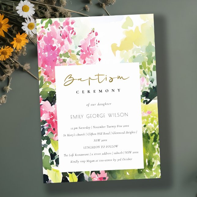 Boho Pink Green Tropical Bougainvillea Bapitismus Einladung (Von Creator hochgeladen)