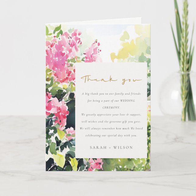Boho Pink Green Tropical Bougainvillea Wedding Dankeskarte (Vorderseite)
