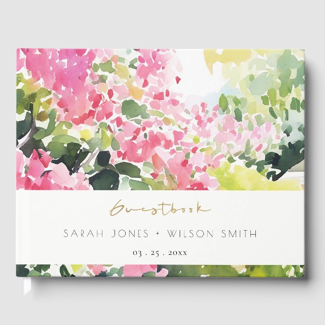 Boho Pink Green Tropical Bougainvillea Wedding Gästebuch (Vorderseite)