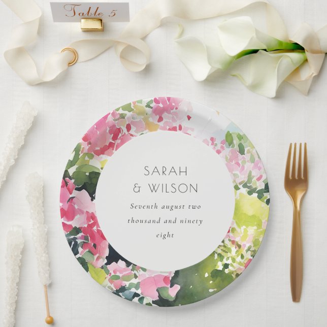 Boho Pink Green Tropical Bougainvillea Wedding Pappteller (Hochzeit)