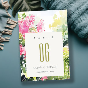 Boho Pink Green Tropical Bougainvillea Wedding Tischnummer