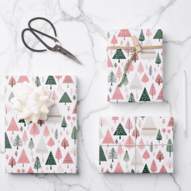 Boho Pink Green Whimsical Weihnachtsbaumen der Sai Geschenkpapier Set (Vorderseite)