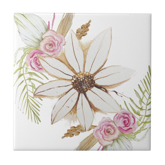 Boho Pink Green White Brown Blumendekoration Fliese (Vorderseite)