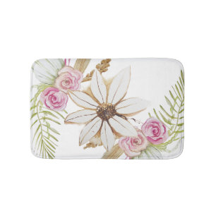 Boho Pink Green White Brown Floral Elegant Badematte
