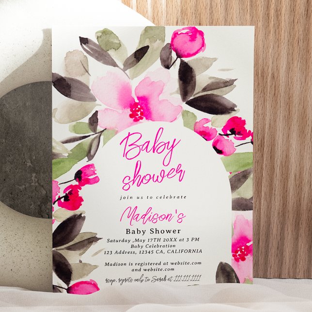 Boho pink grün florfarbene Wasserfarben Babydusche Einladung (Boho pink green floral watercolor baby shower invitation)