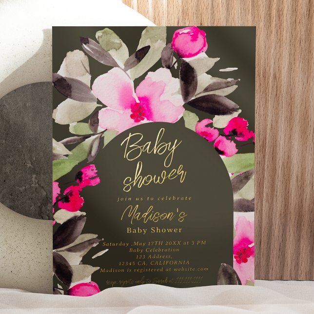 Boho pink grün florfarbene Wasserfarben Babydusche Folieneinladung (Boho real gold foil pink green floral watercolor baby shower invitation)